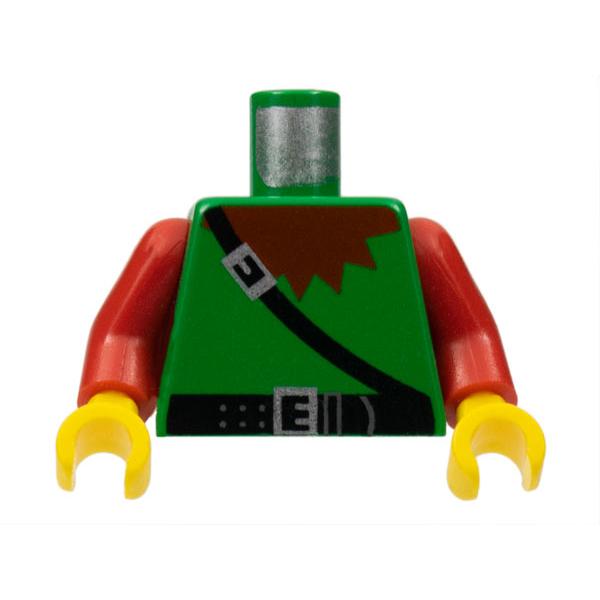 Torso Castle Dark Forestman Brown Collar Black Belt and Crossbelt Silver Buckles Pattern / Red Arms / Yellow Hands - Part - 973px21c01 - Green - used - Qty:1