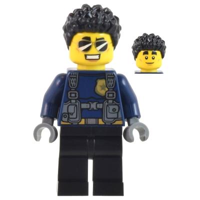 Police Officer - Male Dark Blue Shirt with Harness Black Legs Black Coiled Hair Sunglasses (Duke DeTain) - Minifigure
