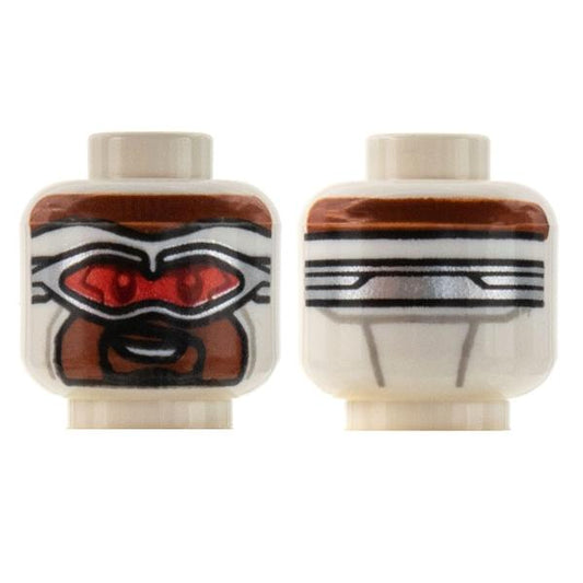 Minifigure Head Balaclava Reddish Brown Face Silver Goggles with Red Lenses Smile with Teeth Black Goatee Pattern - Part - 3626pb2867 - White - used - Qty:1