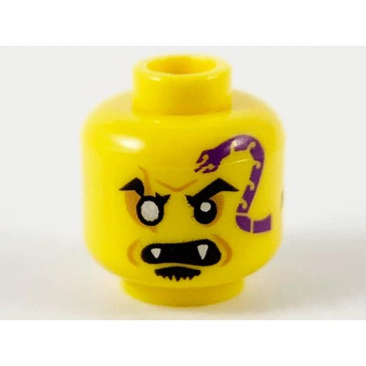 Minifigure Head Dark Purple Snake Tattoo Gold Right Eye Open Mouth with Fangs Black Soul Patch Pattern - Part - 3626pb2749 - Yellow - used - Qty:1