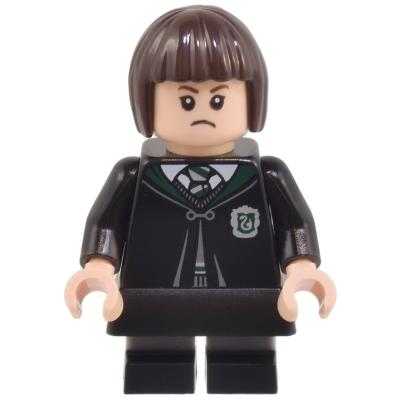Pansy Parkinson - Slytherin Robe Clasped Black Skirt Black Short Legs with Dark Bluish Gray Stripes - Minifigure - New