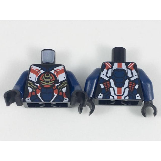 Torso Female Armor White and Dark Blue Panels Gold Samurai X Logo Gold and Red Trim Pattern / Dark Blue Arms / Black Hands - Part - 973pb3045c01 - Black - used - Qty:1