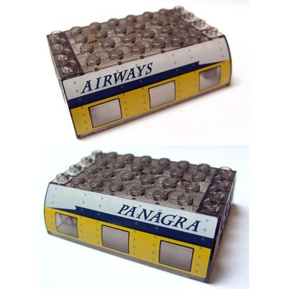 Slope Curved 6 x 8 x 2 Double with Plane Windows and Panagra Airways Forward Pattern (Stickers) - Set 7628 - Part - 45411pb05 - Trans-Brown - used - Qty:1