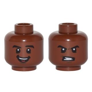 Minifigure Head Dual Sided Black Eyebrows White Pupils Open Mouth Smile/ Clenched Teeth Pattern (Cyborg) - Part - 3626pb1267 - Reddish Brown - used - Qty:1