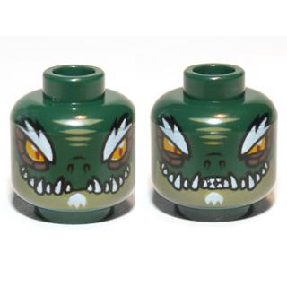 Minifigure Head Dual Sided Alien Chima Crocodile with Bright Light Orange Eyes Olive Green Lower Jaw White Bushy Eyebrows Soul Patch and Sharp Teeth Wide / Narrow Eyes Pattern - Part - 3626pb0887 - Dark Green - used - Qty:1